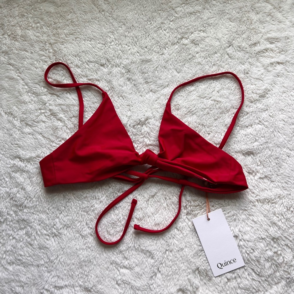 Quince Women Cherry Red Recycled Front Knot Triangle Bikini Top Small NEW Summer